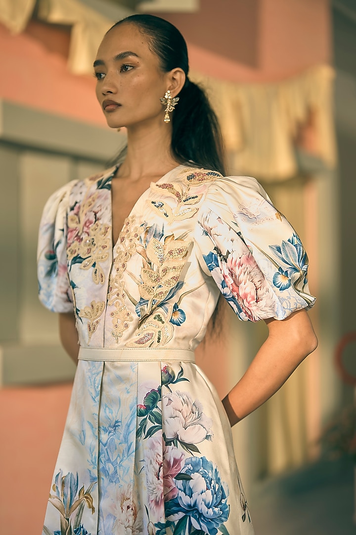 Butter Yellow Slub Satin Digital Printed Mini Cocktail Dress by Pankaj & Nidhi at Pernia's Pop Up Shop