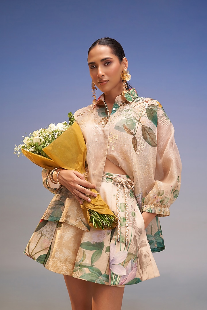 Crayola-Colored Lurex Linen Hand Embellished Co-Ord Set by Pankaj & Nidhi at Pernia's Pop Up Shop
