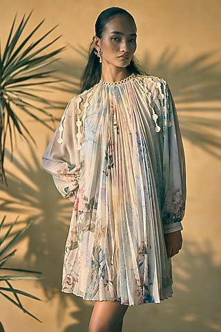 Butter Yellow Chiffon Floral Printed Dress by Pankaj & Nidhi