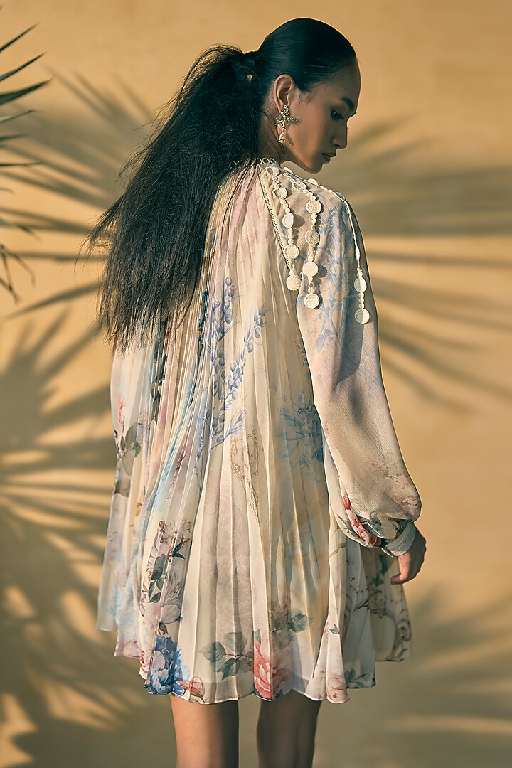 Butter Yellow Chiffon Floral Printed Cocktail Dress by Pankaj & Nidhi at Pernia's Pop Up Shop
