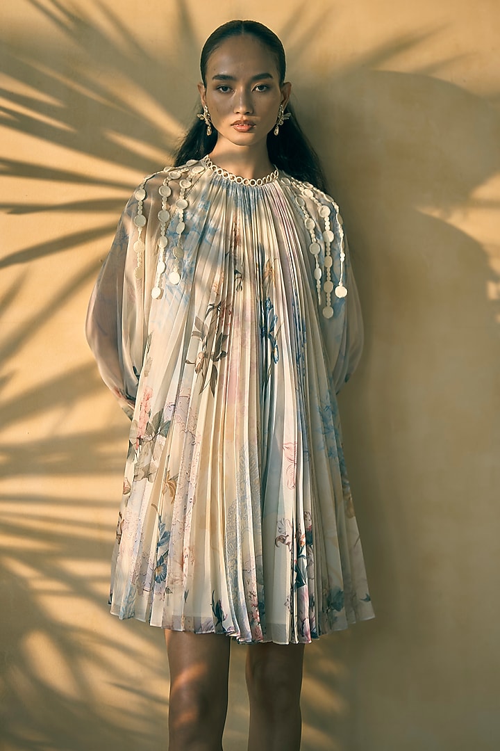 Butter Yellow Chiffon Floral Printed Cocktail Dress by Pankaj & Nidhi at Pernia's Pop Up Shop
