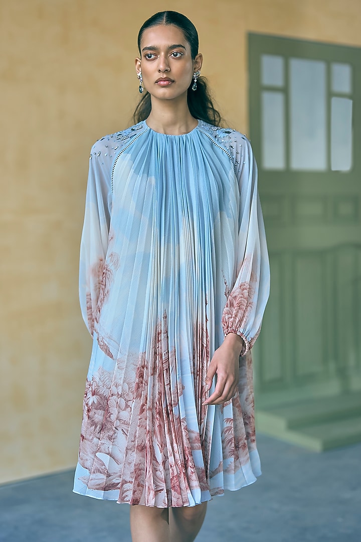 River Blue Chiffon Digital Printed Cocktail Dress by Pankaj & Nidhi at Pernia's Pop Up Shop