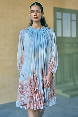 River Blue Chiffon Digital Printed Dress by Pankaj & Nidhi