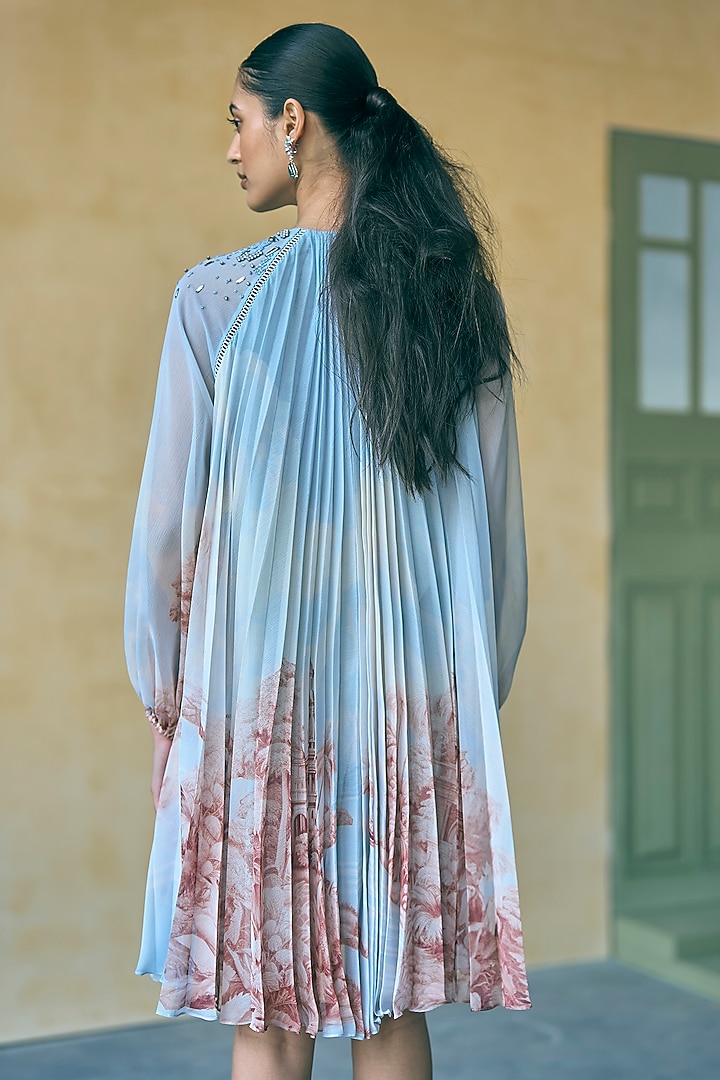 River Blue Chiffon Digital Printed Cocktail Dress by Pankaj & Nidhi at Pernia's Pop Up Shop