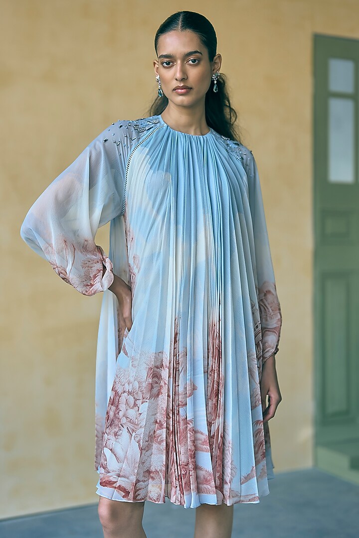 River Blue Chiffon Digital Printed Cocktail Dress by Pankaj & Nidhi at Pernia's Pop Up Shop