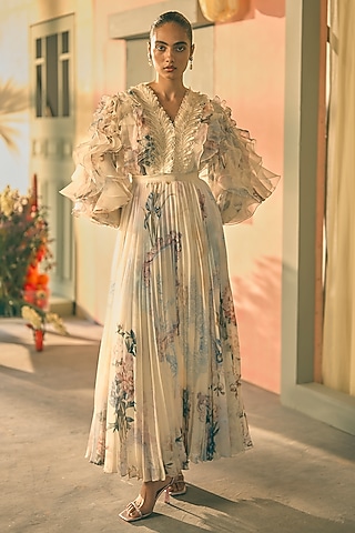 Butter Yellow Chiffon Digital Printed Maxi Dress by Pankaj & Nidhi