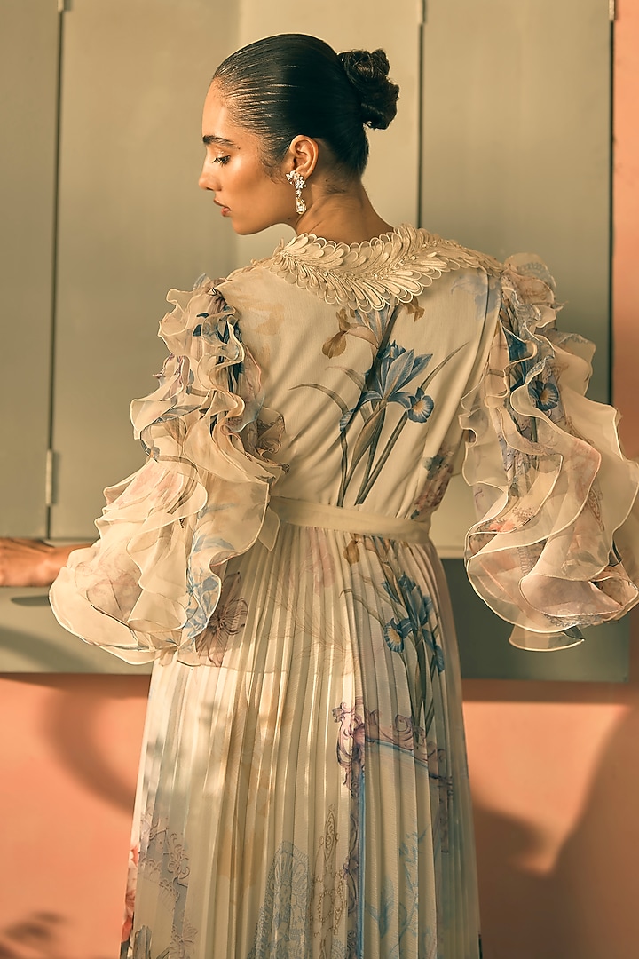 Butter Yellow Chiffon Digital Printed Maxi Cocktail Dress by Pankaj & Nidhi at Pernia's Pop Up Shop