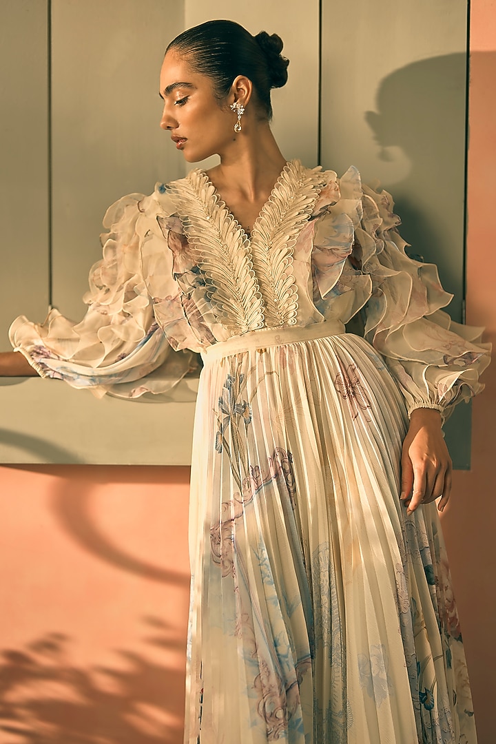 Butter Yellow Chiffon Digital Printed Maxi Cocktail Dress by Pankaj & Nidhi at Pernia's Pop Up Shop