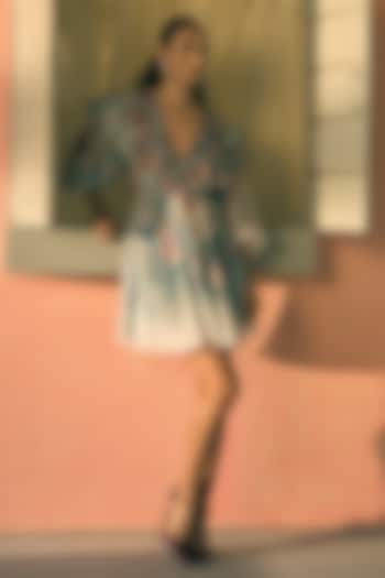 Teal Mist Chiffon Floral Printed Mini Cocktail Dress by Pankaj & Nidhi at Pernia's Pop Up Shop