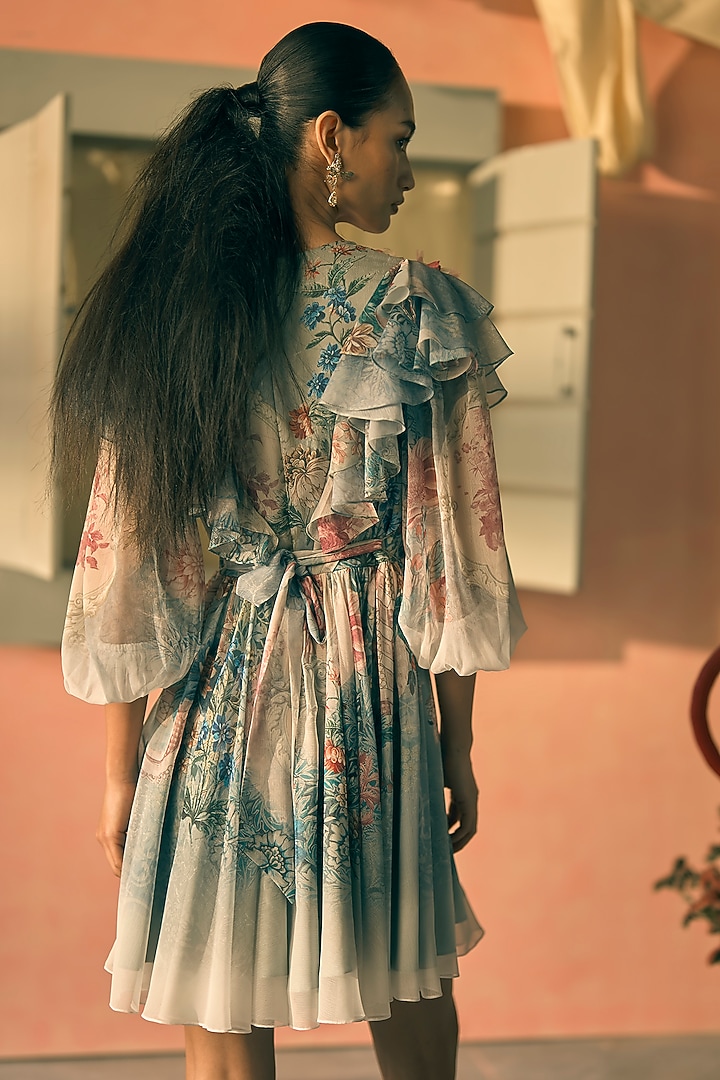 Teal Mist Chiffon Floral Printed Mini Cocktail Dress by Pankaj & Nidhi at Pernia's Pop Up Shop