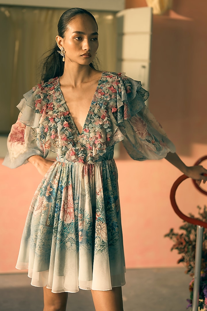Teal Mist Chiffon Floral Printed Mini Cocktail Dress by Pankaj & Nidhi at Pernia's Pop Up Shop