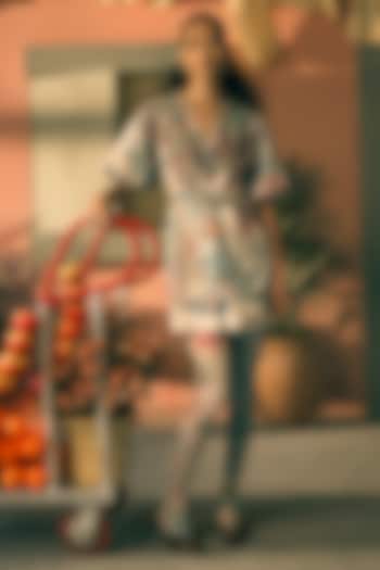 Teal Slub Satin Digital Printed Mini Cocktail Dress by Pankaj & Nidhi at Pernia's Pop Up Shop