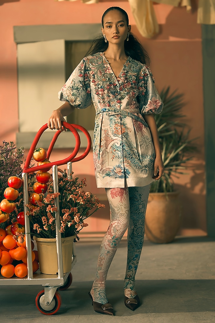 Teal Slub Satin Digital Printed Mini Cocktail Dress by Pankaj & Nidhi at Pernia's Pop Up Shop