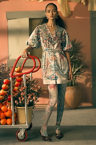 Teal Slub Satin Digital Printed Mini Dress by Pankaj & Nidhi