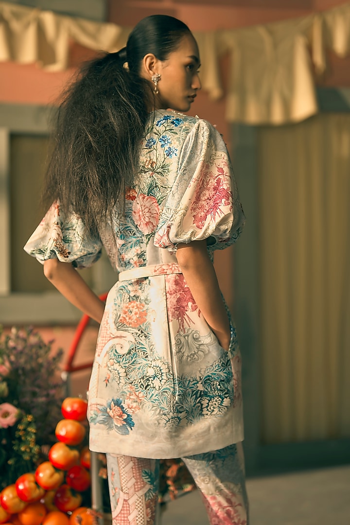 Teal Slub Satin Digital Printed Mini Cocktail Dress by Pankaj & Nidhi at Pernia's Pop Up Shop