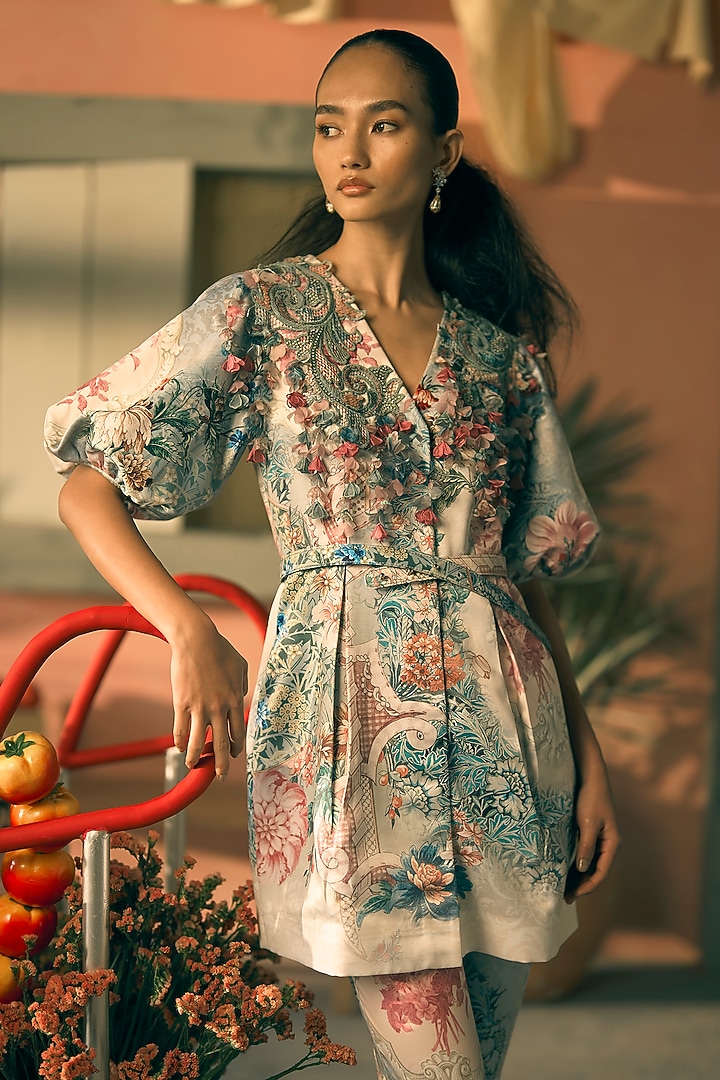 Teal Slub Satin Digital Printed Mini Cocktail Dress by Pankaj & Nidhi at Pernia's Pop Up Shop