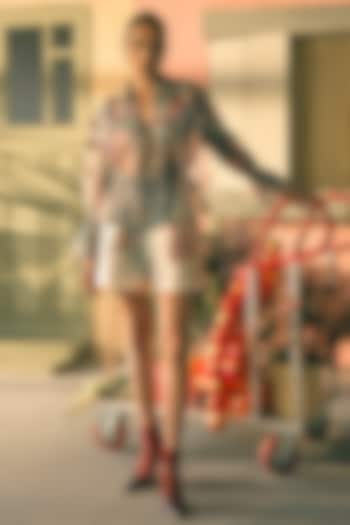 Teal Mist Satin Twill Digital Printed Co-Ord Set by Pankaj & Nidhi at Pernia's Pop Up Shop