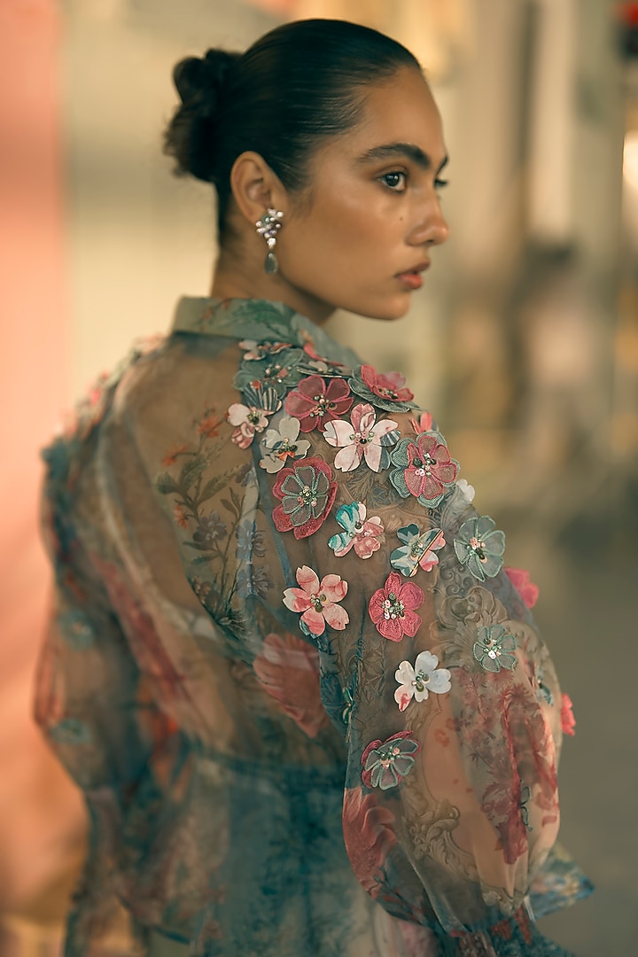 Teal Mist Satin Twill Digital Printed Co-Ord Set by Pankaj & Nidhi at Pernia's Pop Up Shop