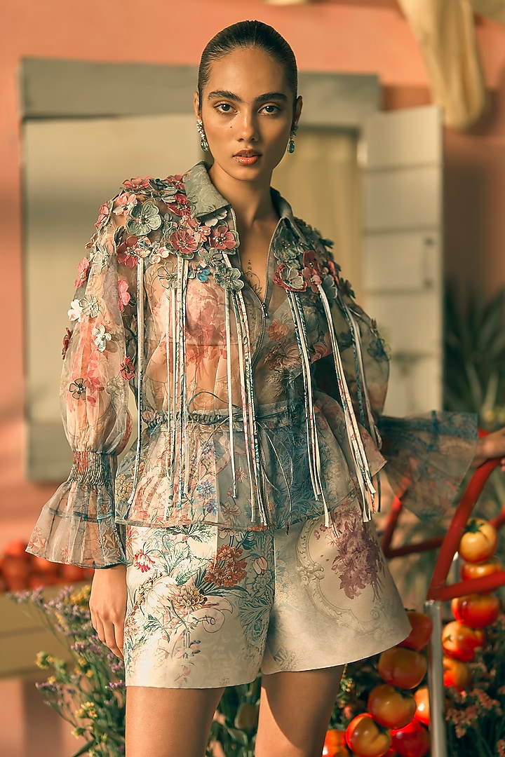 Teal Mist Satin Twill Digital Printed Co-Ord Set by Pankaj & Nidhi at Pernia's Pop Up Shop