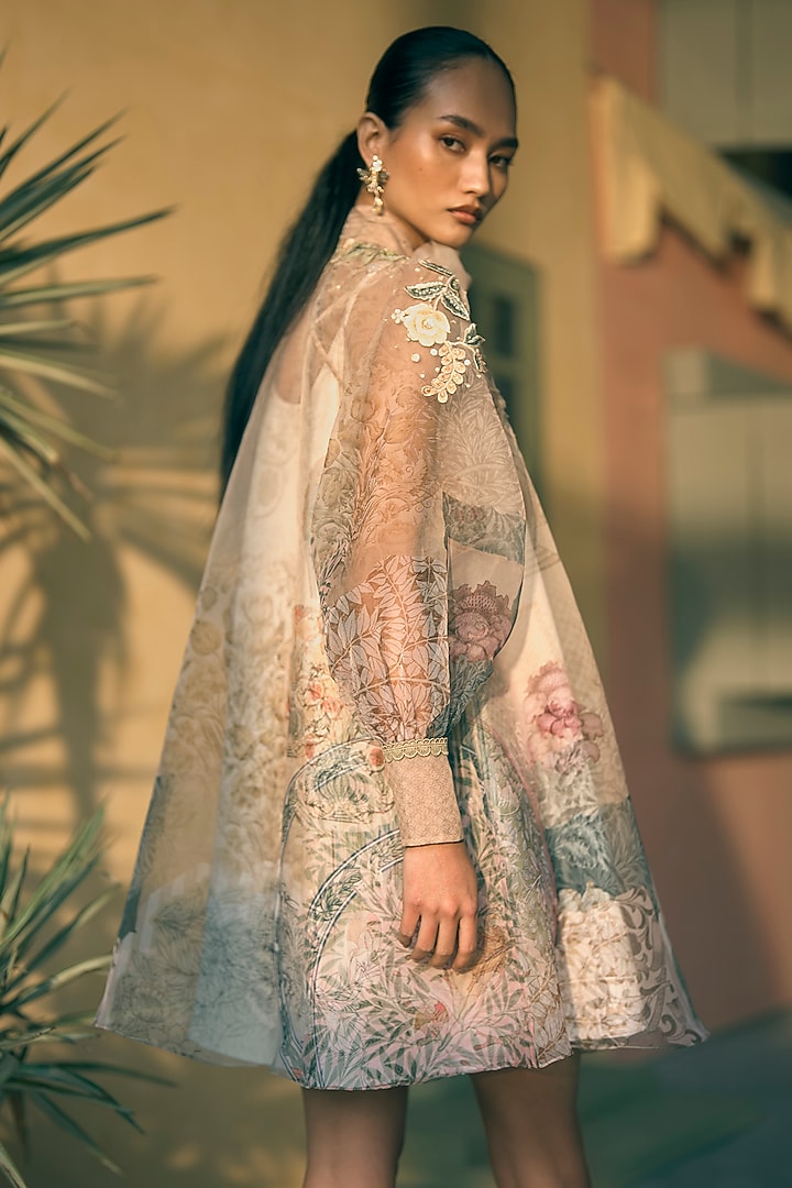Olive Silk Organza Floral Printed Mini Cocktail Dress by Pankaj & Nidhi at Pernia's Pop Up Shop