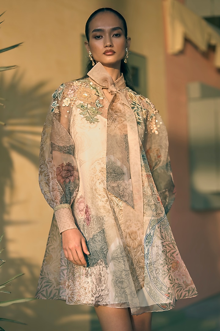 Olive Silk Organza Floral Printed Mini Cocktail Dress by Pankaj & Nidhi at Pernia's Pop Up Shop