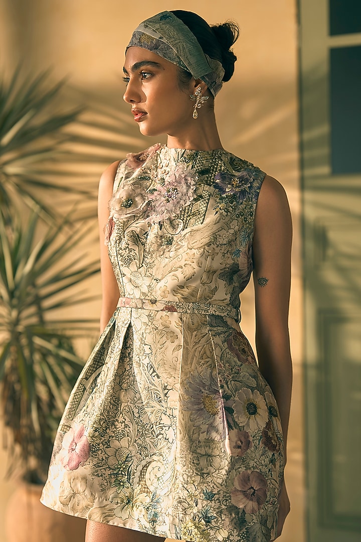 Pistachio Twill Digital Printed Mini Cocktail Dress by Pankaj & Nidhi at Pernia's Pop Up Shop