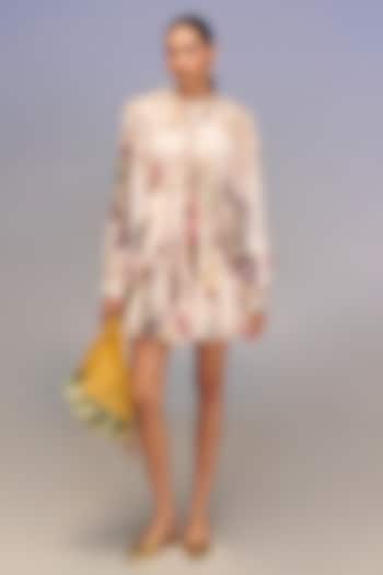 Beige Chiffon Floral Applique Work Mini Cocktail Dress by Pankaj & Nidhi at Pernia's Pop Up Shop