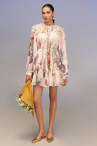 Beige Chiffon Floral Applique Work Mini Dress by Pankaj & Nidhi
