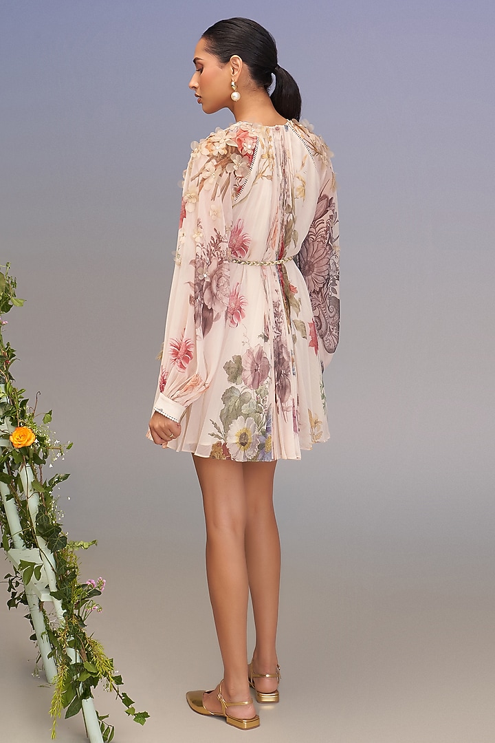 Beige Chiffon Floral Applique Work Mini Cocktail Dress by Pankaj & Nidhi at Pernia's Pop Up Shop