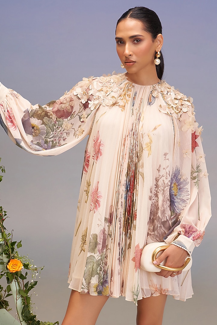 Beige Chiffon Floral Applique Work Mini Cocktail Dress by Pankaj & Nidhi at Pernia's Pop Up Shop