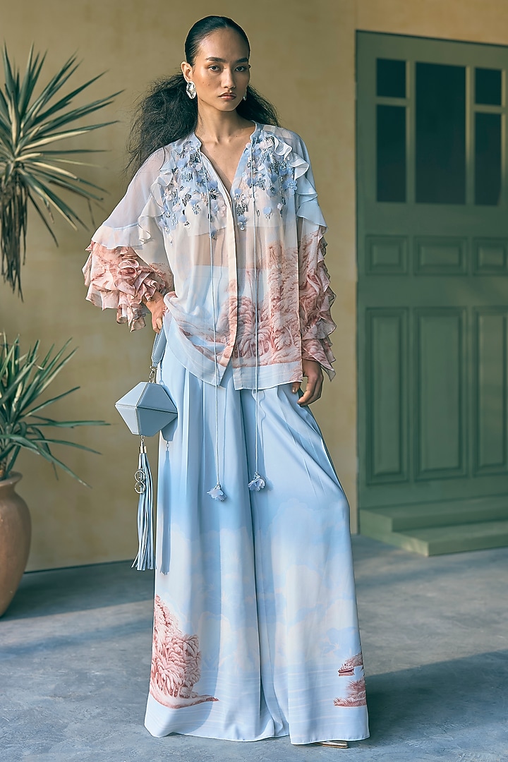 River Blue Georgette Digital Printed Co-Ord Set by Pankaj & Nidhi at Pernia's Pop Up Shop