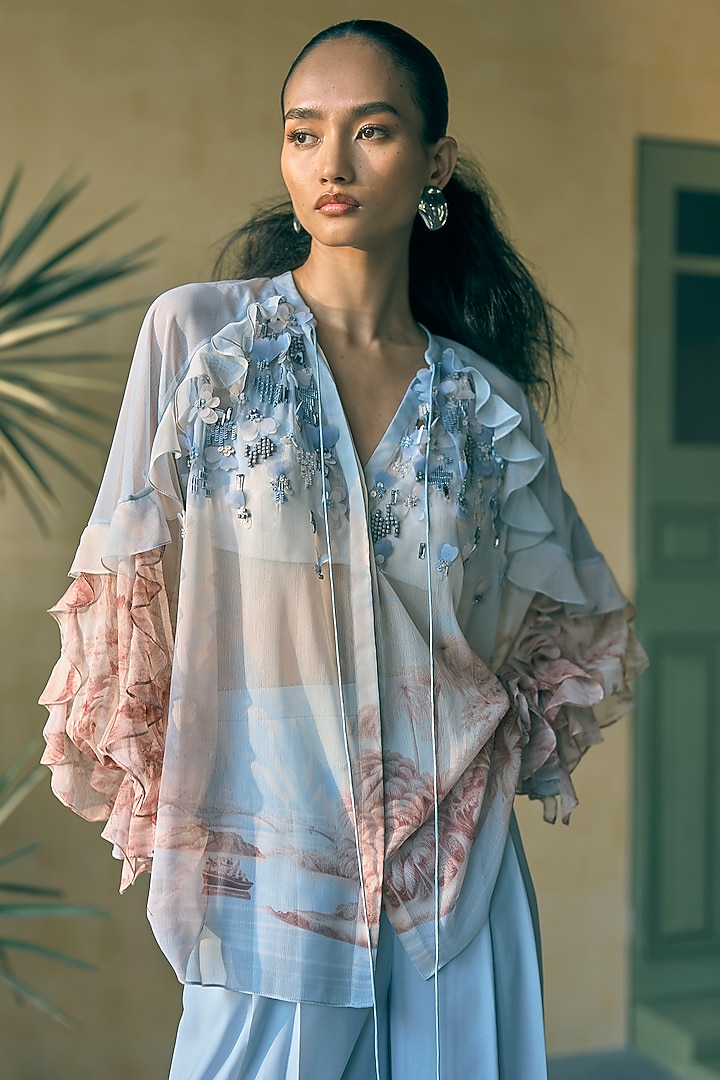 River Blue Georgette Digital Printed Co-Ord Set by Pankaj & Nidhi at Pernia's Pop Up Shop