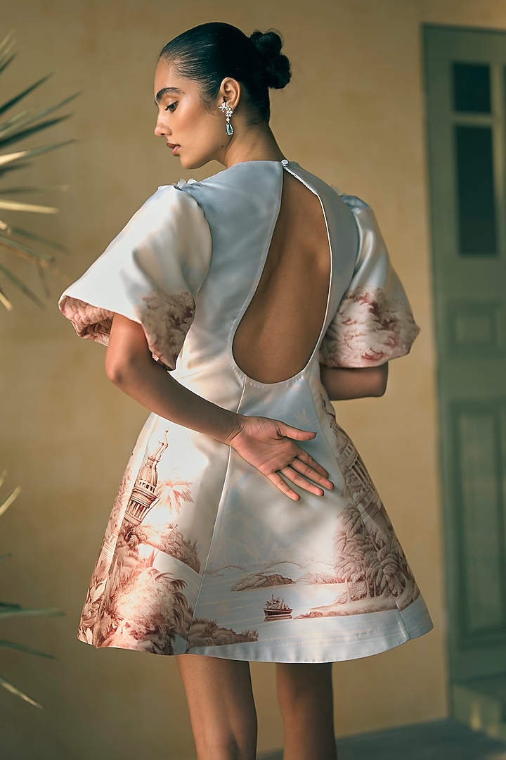 River Blue Twill Digital Printed Mini Cocktail Dress by Pankaj & Nidhi at Pernia's Pop Up Shop