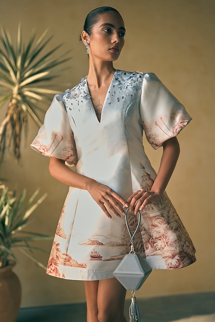 River Blue Twill Digital Printed Mini Cocktail Dress by Pankaj & Nidhi at Pernia's Pop Up Shop