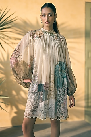 Olive Chiffon Digital Printed Mini Dress by Pankaj & Nidhi
