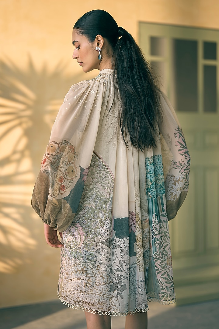 Olive Chiffon Digital Printed Mini Cocktail Dress by Pankaj & Nidhi at Pernia's Pop Up Shop