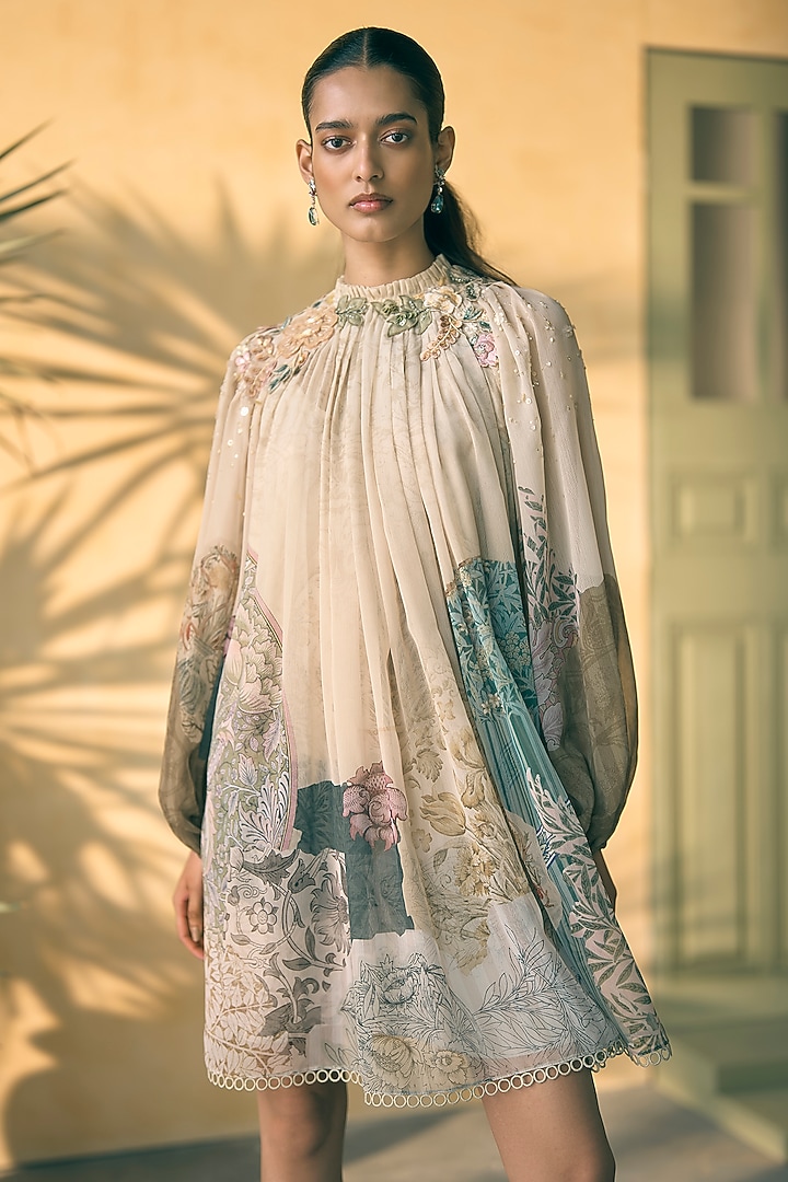 Olive Chiffon Digital Printed Mini Cocktail Dress by Pankaj & Nidhi at Pernia's Pop Up Shop