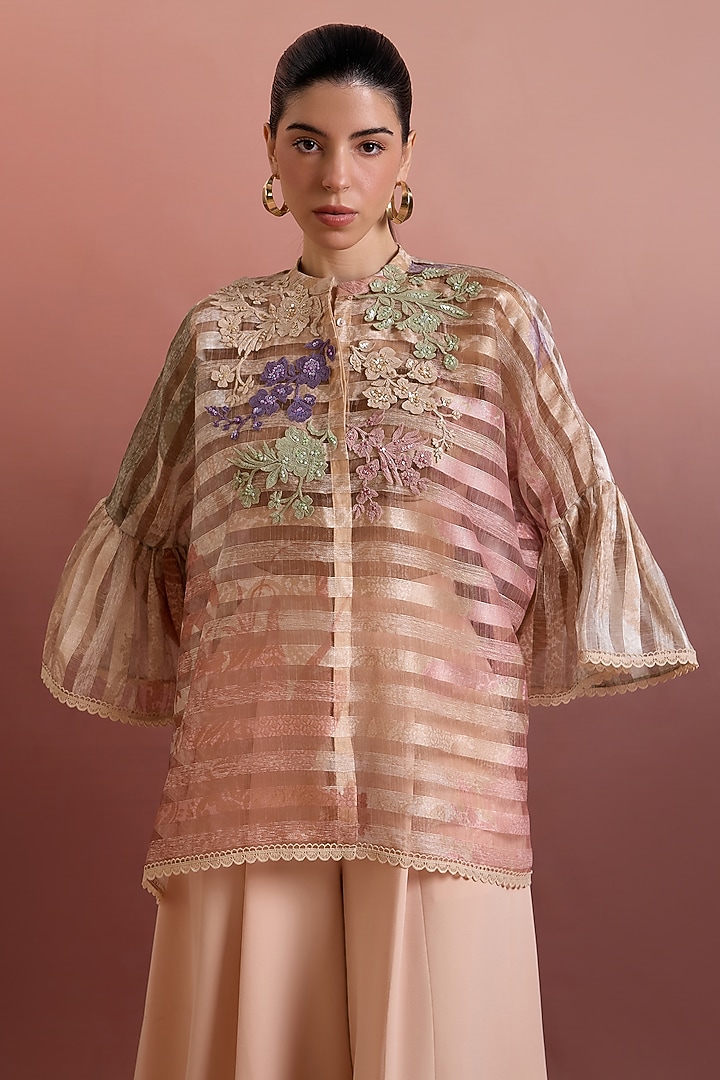 Multi-Colored Striped Organza Hand Embellished Top by Pankaj & Nidhi at Pernia's Pop Up Shop