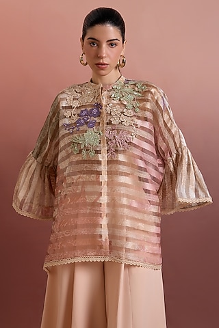 Multi-Colored Striped Organza Hand Embellished Top by Pankaj & Nidhi