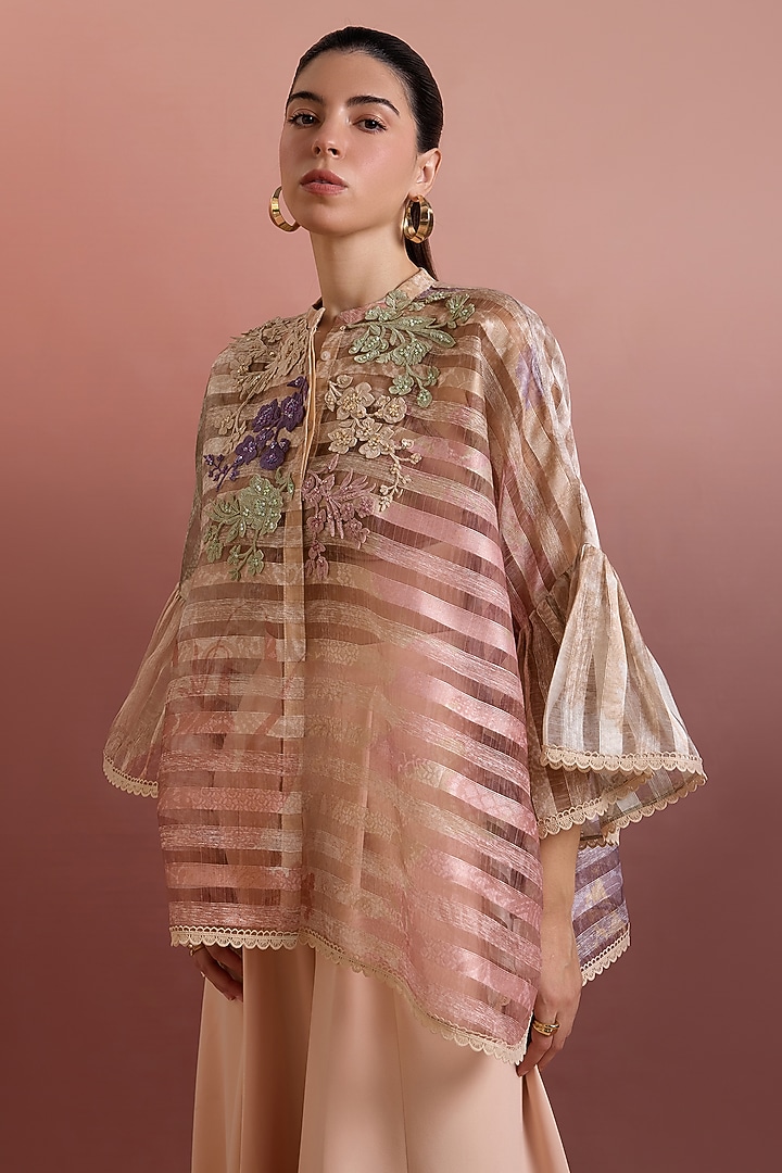 Multi-Colored Striped Organza Hand Embellished Top by Pankaj & Nidhi at Pernia's Pop Up Shop