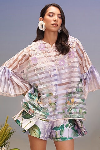 Periwinkle Striped Organza Hand Embellished Top by Pankaj & Nidhi