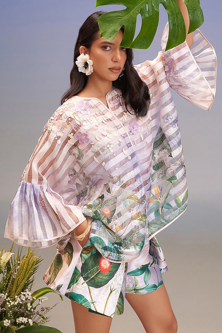 Periwinkle Striped Organza Hand Embellished Top by Pankaj & Nidhi at Pernia's Pop Up Shop