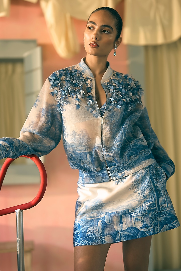 Royal Azure Linen Digital Printed Jacket by Pankaj & Nidhi at Pernia's Pop Up Shop