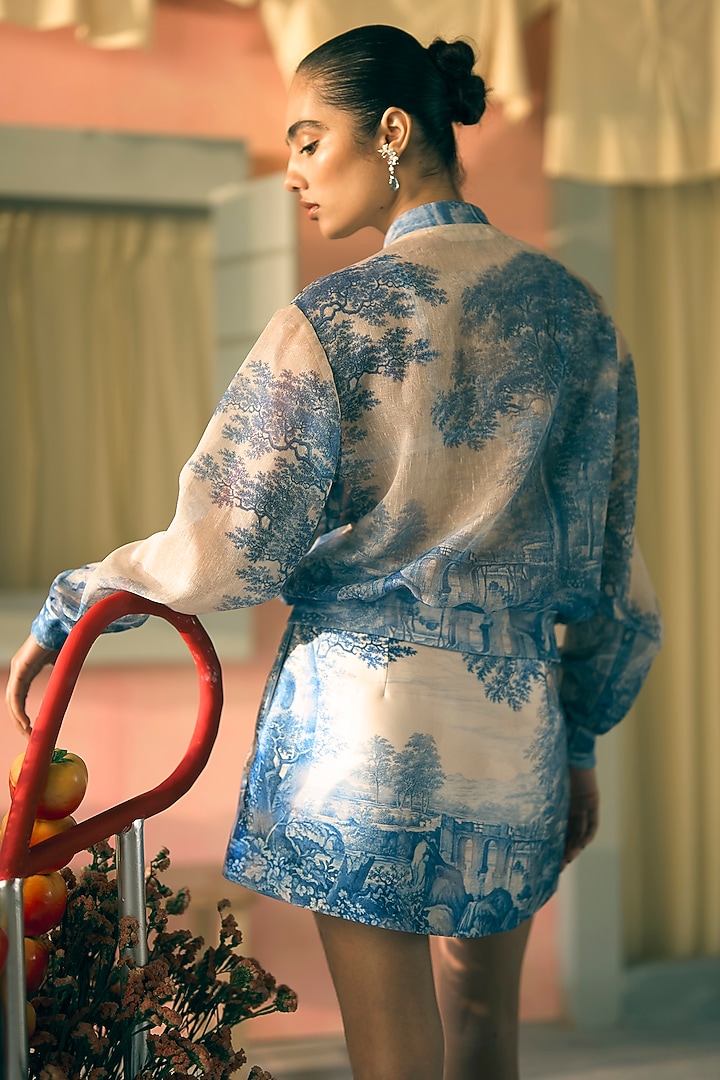 Royal Azure Linen Digital Printed Jacket by Pankaj & Nidhi at Pernia's Pop Up Shop