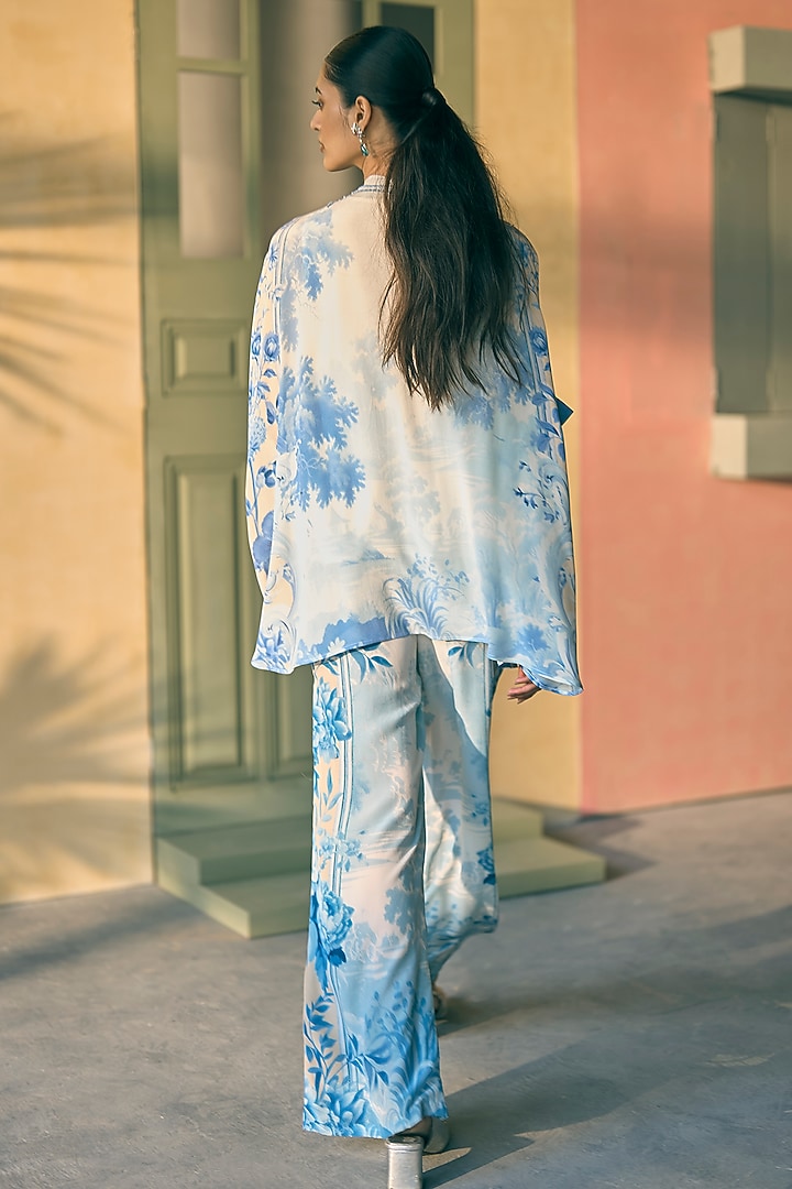 River Blue Silk Crepe Printed & Embroidered Tunic by Pankaj & Nidhi at Pernia's Pop Up Shop