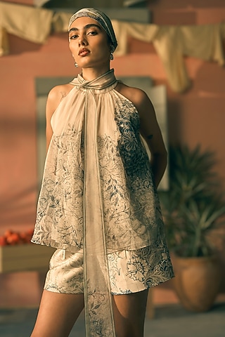 Pistachio Twill Digital Printed Shorts by Pankaj & Nidhi
