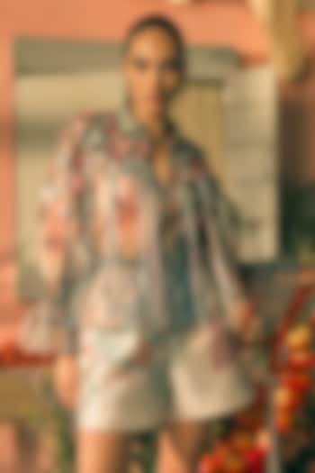 Teal Mist Silk Organza Digital Printed Jacket by Pankaj & Nidhi at Pernia's Pop Up Shop