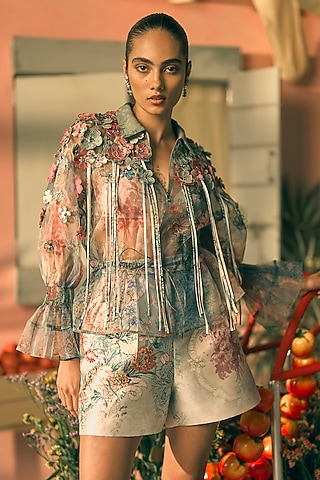 Teal Mist Silk Organza Digital Printed Jacket by Pankaj & Nidhi