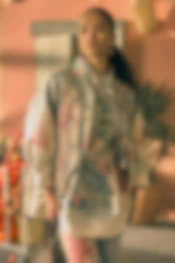 Teal Mist Satin Twill Digital Printed Jacket Party Wear Dress by Pankaj & Nidhi at Pernia's Pop Up Shop