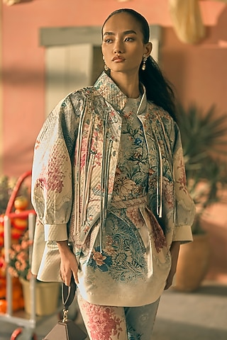 Teal Mist Satin Twill Digital Printed Jacket Dress by Pankaj & Nidhi